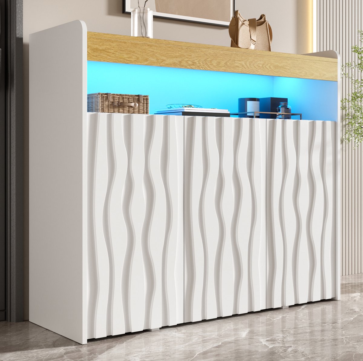 MIVRAY Schoenenkast Met Ledverlichting En 3 Deuren - 3D Golfpatroon Met Open Vak - Wit Natuurlijk - 105 X 35 X 90,5 Cm