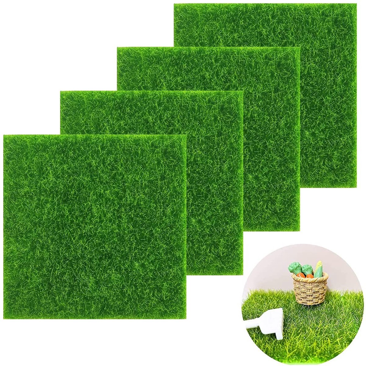 Inovra- Kunstgrastapijt Levensecht - Miniatuur Gras - Decoratie Indoor/Outdoor - 4 Stuks - 15x15 cm - Geschikt voor Poppenhuizen - Miniatuurgras