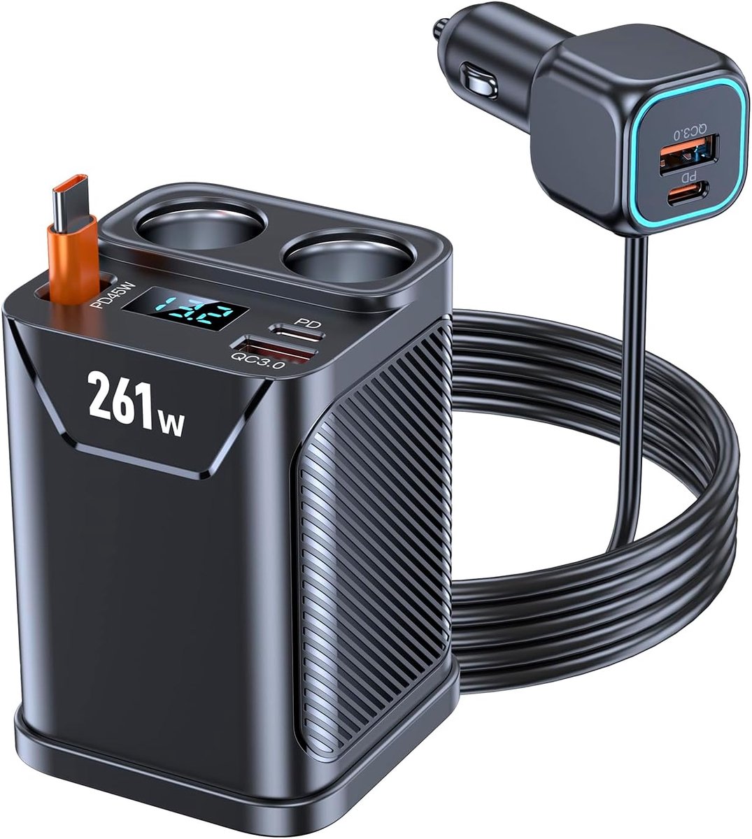 Thijox - 261 W 7-in-1 Autolader met 45 W Intrekbare PD 3.0 Sigarettenaansteker, 2 Stopcontacten 110 W, Dual USB C 35 W en QC3.0 18 W, LED-schakelaar e
