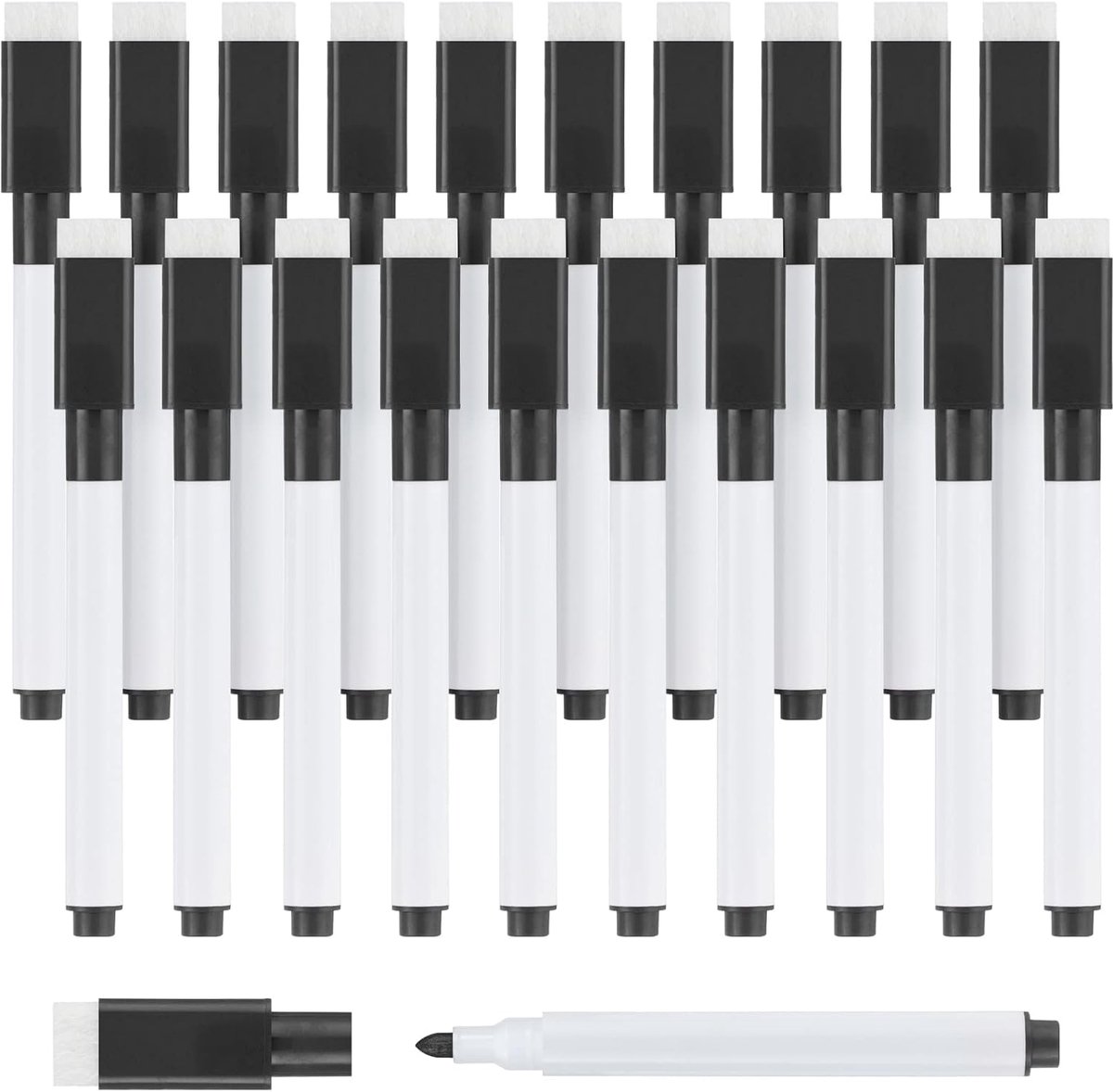 SnelShoppen - 20 Stuks Whiteboard Markers - Erasable Magnetische Suction Markers - Wasbare Drooguitwisbare Stiften met Gum - Zwart - Ideaal voor Kanto
