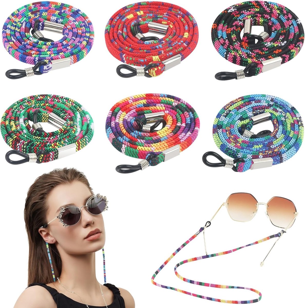 Kleurrijke 6-delige brillenketting set, verstelbare en antislip brillenhouder voor sport en veiligheid, multicolor design