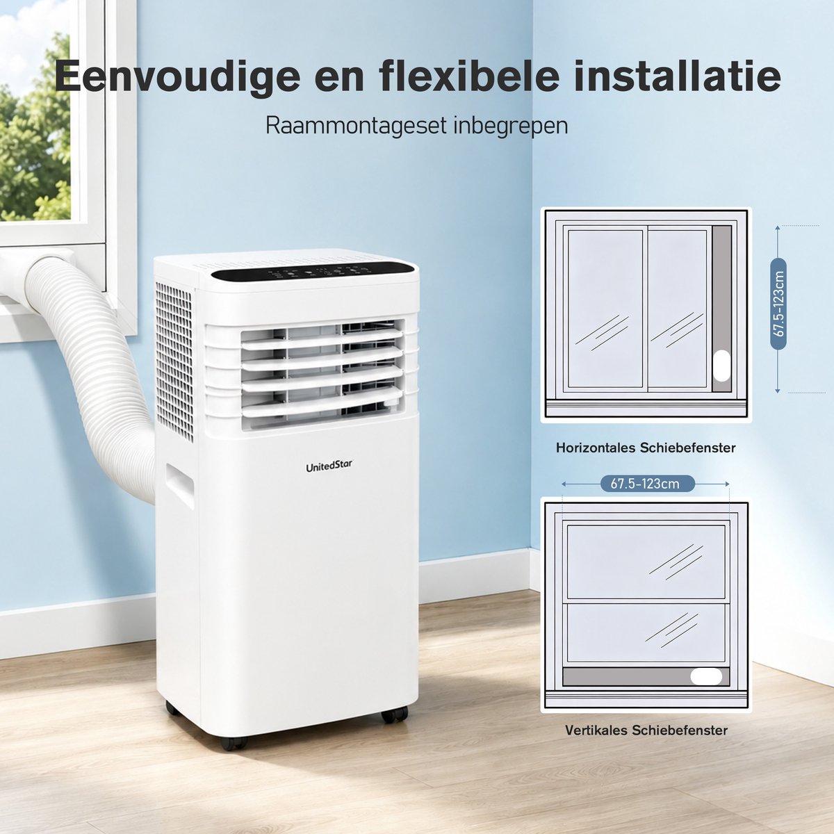 Draagbare Mobiele Airconditioner SKY-1A-7000 BTU-Snelle Koeling-Grote Luchtstroom-Geschikt voor 15-25 m²-3-in-1 Functie-Koelen-Ontvochtigen en Ventileren-Ideaal voor Warme Zomerdagen — afbeelding 9