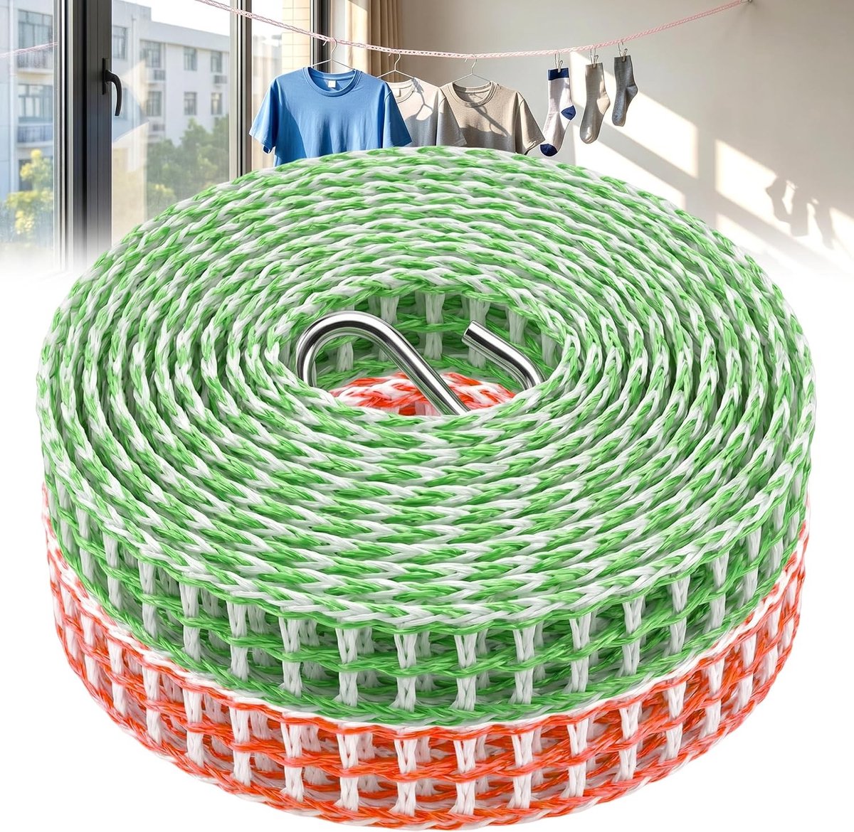 Waslijn met haken - 2 stuks nylon koord, winddicht touw voor camping, balkon, tuin en boottochten (5 m)