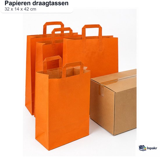 Inpakr Papieren Draagtassen - 250 stuks - 320x140x420 mm - Oranje - Kraftpapier
