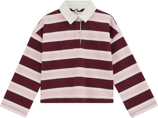 Oversized polo met lange mouwen, blokstrepen in bordeaux, roze en wit, en een witte kraag.