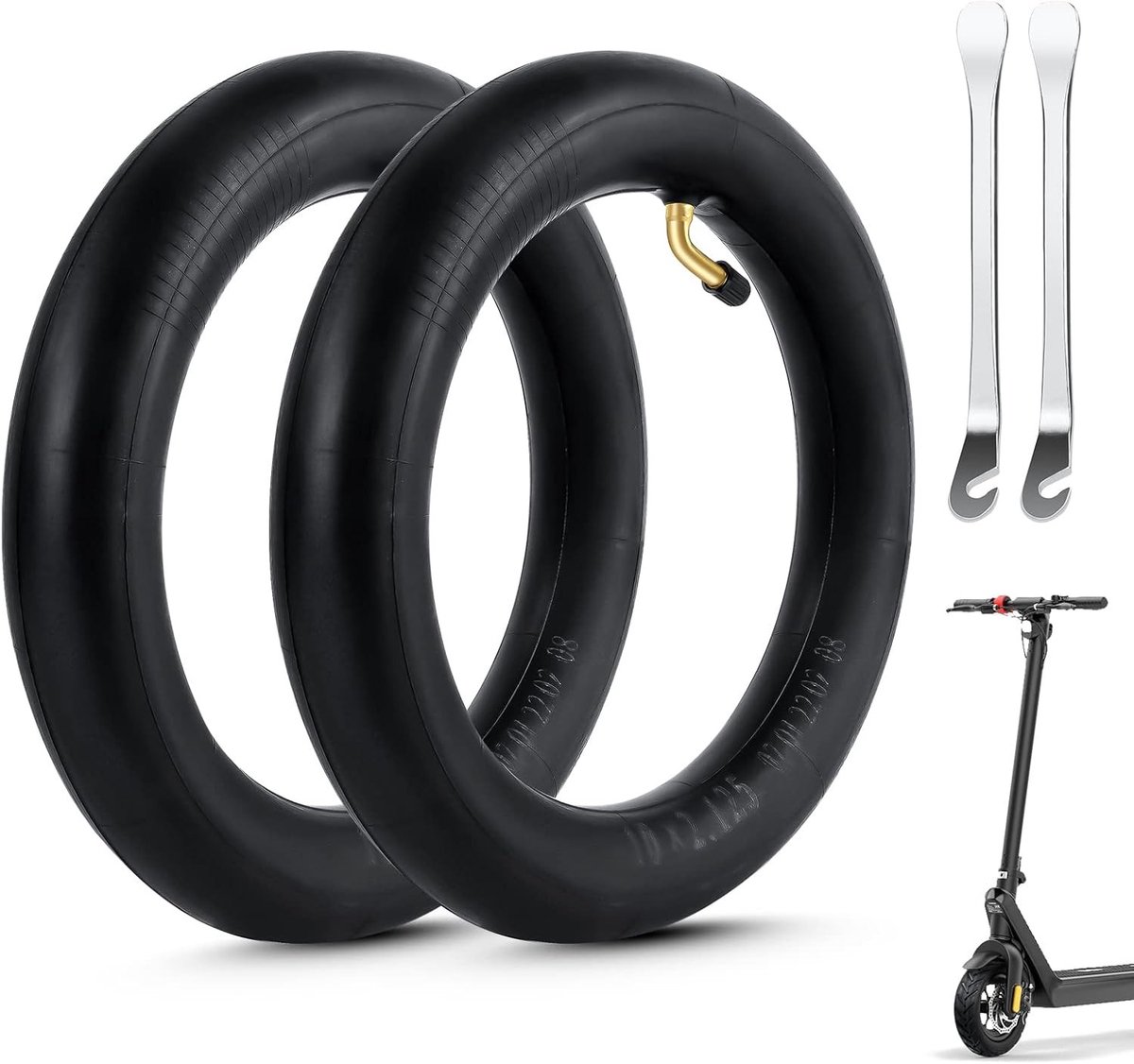 2 x 10 Inch Binnenbanden in Zwart, 0° Ventielhoek, Geschikt voor Kinderwagens en Scooters, Inclusief 2 Montagehefbomen, Naadloze en Duurzame Banden voor Optimale Prestaties