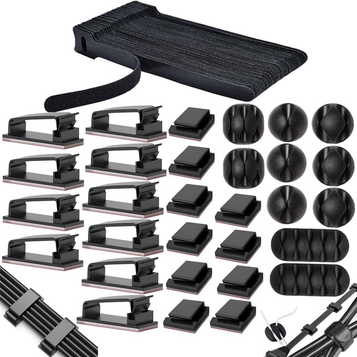 SnelShoppen - Kabelmanagement bureaukit met 50 stuks kabelbinders klittenband, 40 kabelklemmen, 10 kabelhouders, zelfklevende kabelclips, organizer vo