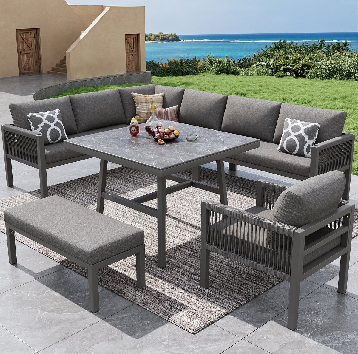 DESMIU Hoek Loungeset 236 x 180 cm - Modulair Met Marmorglas Tafel En Wasbare Kussenhoezen - Voor Tuin Terras En Balkon - IJzer Grijs
