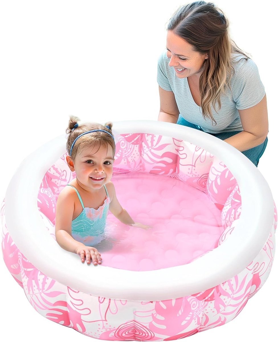 Thijox - Opblaasbaar Babyzwembad Lichtroze met Tropische Bladeren - Ideaal voor Kinderen, Tuin en Zomerplezier - Veilig en Comfortabel Zwemplezier voo