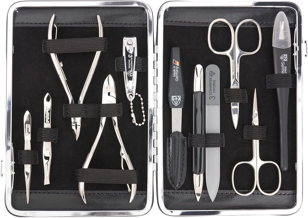 Thijox - 11-delige manicureset Fano | Complete nagelverzorgingsset in zwart kunstleren etui | Inclusief nagelschaar, nageltang, huidschaar, saffier na