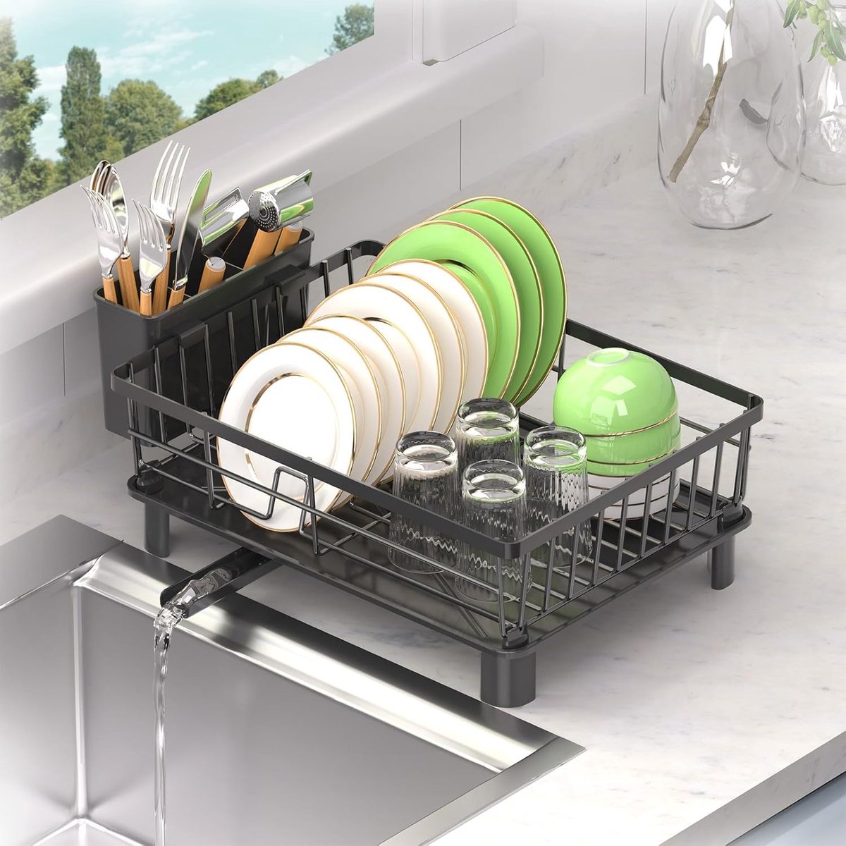 SnelShoppen - Kleine Afwasdrainer met Drip Tray, RVS Afwasrek met Bestekhouder, Ruimtebesparend en Innovatief Design voor Keuken