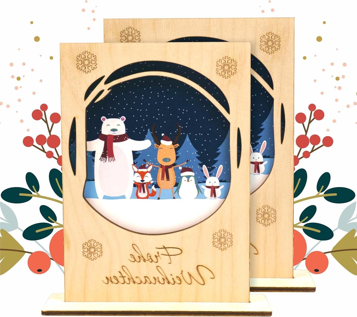 Houten Wenskaart - Liefdeskaart Gravure - Genegenheid Uiten - Handgemaakt Berkenhout - 10 x 14 cm - Kerst 1