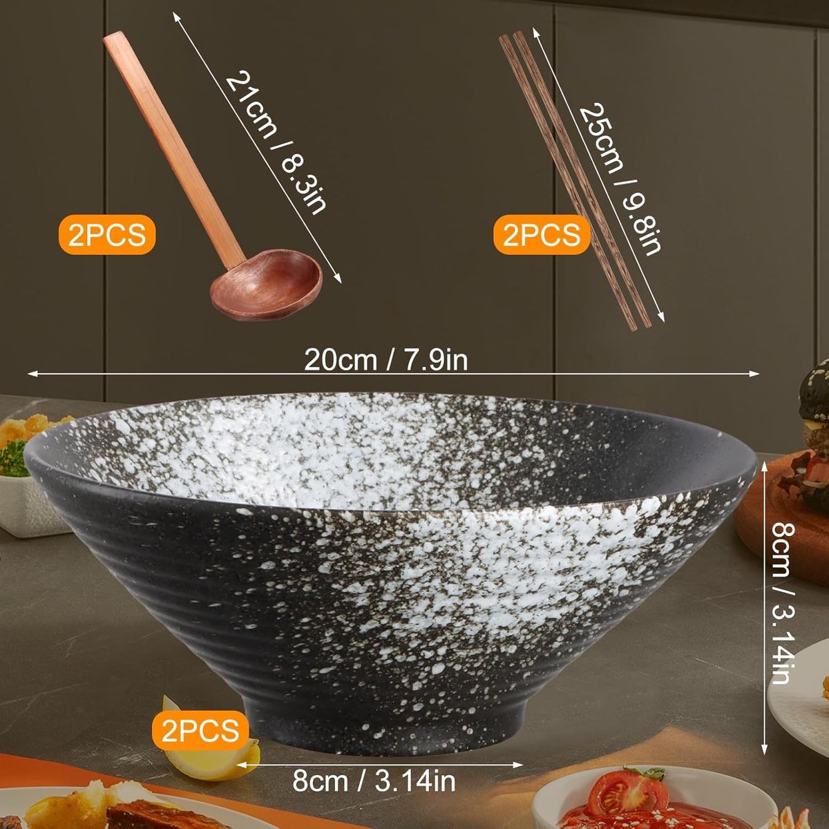 Set van 2 Japanse Ramenkommen van 1000ml - Keramische Soepkommen met Stokken en Lepel, Perfect voor Salades, Pasta en Groenten