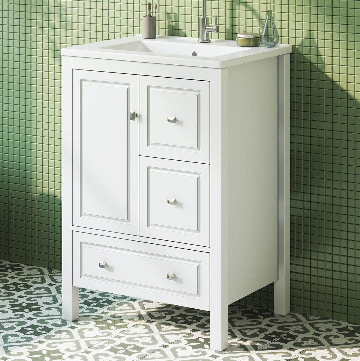FloraGrace Badkamermeubel - Staande Wastafelkast Met Keramische Wastafel En 3 Lades - Voor Moderne Badkamer - Wit MDF - 62x47x90 Cm