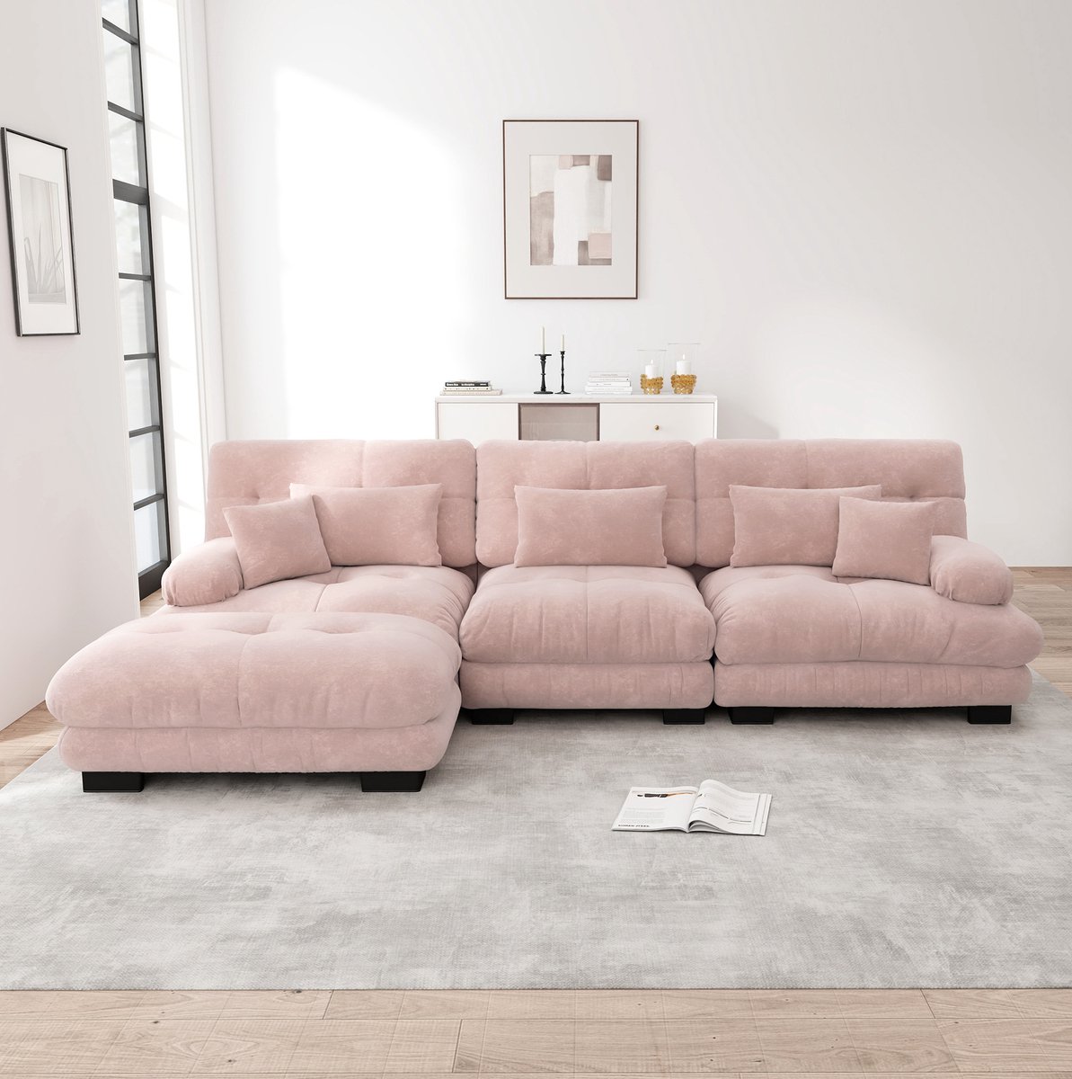 MIVRAY Hoekbank 313 x 145 x 81 cm - Modulair Cloud Design Met Verplaatsbare Ottoman - Voor Woonkamer Of Kantoor - Chenille Roze