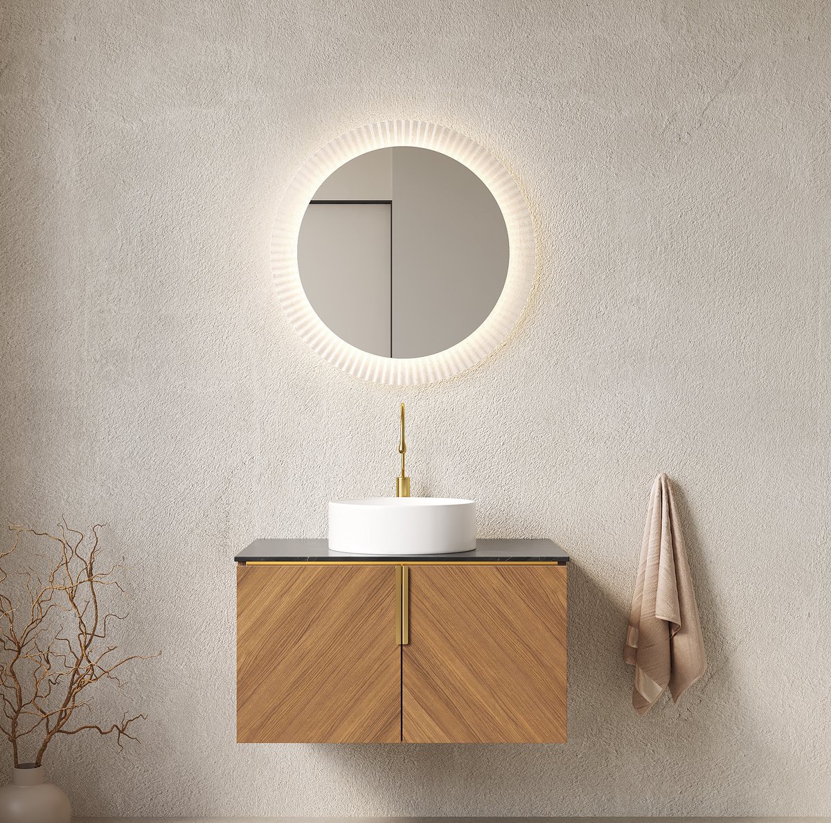 MIVRAY Badkamermeubel - Wandhangend Met Ronde Keramische Waskom En 2 Deuren - Voor Badkamer - Gesinterd Steen Bruin Eiken 76 Cm
