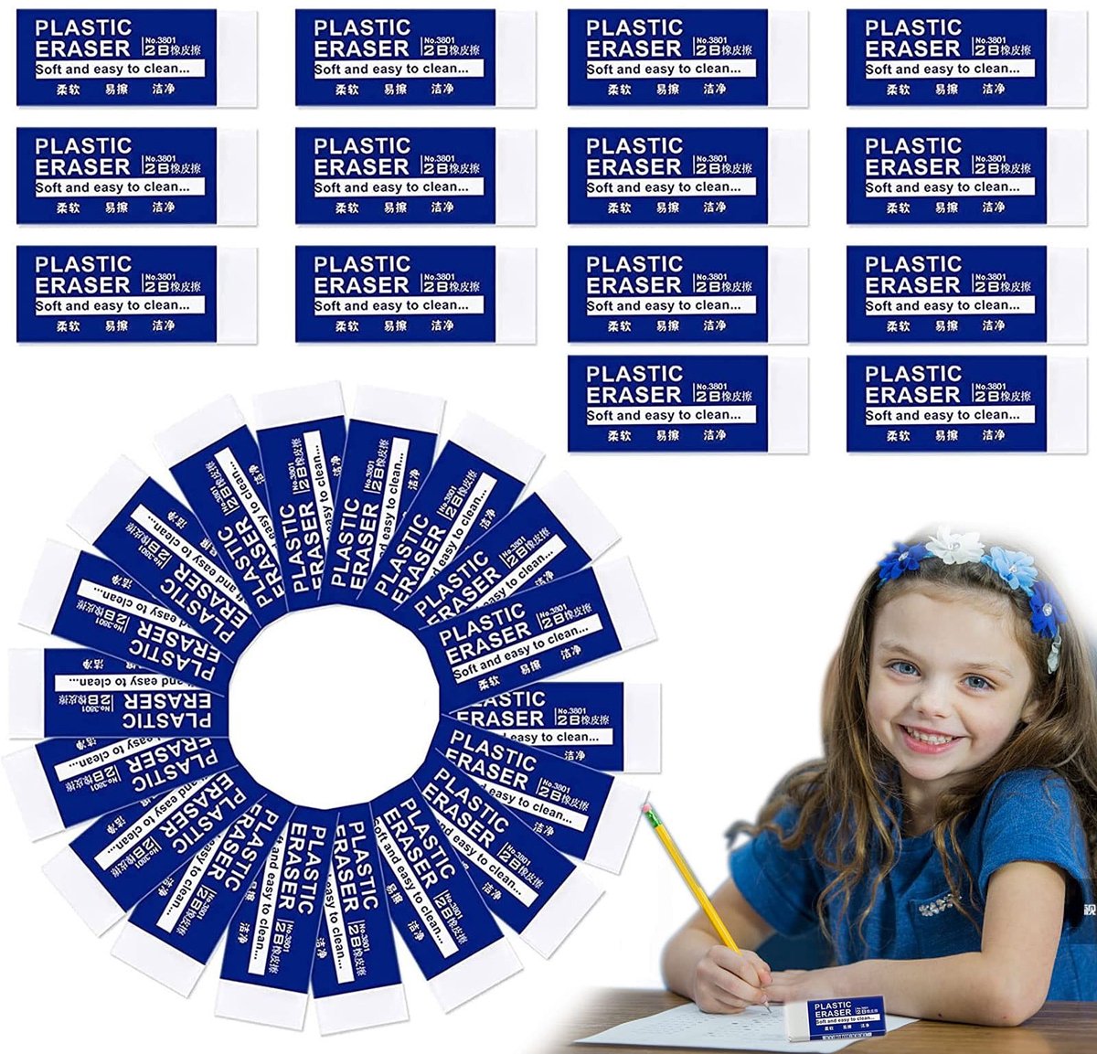 Dailygoods- Gummen 40 Stuks - Zachte Gum - Duurzame Vlakgom - Kunststof - Perfect voor School/Schetsen - Veilig en Onschadelijk - Radiergummis
