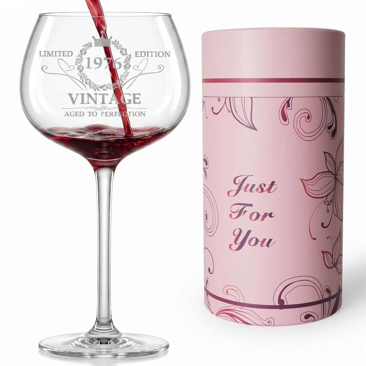 Dailygoods- Wijnglas Gepersonaliseerd - Gravure 1976 - Cadeau 50e Verjaardag - Decoratief - Met Doos en Kaart - Voor Vrouwen - Cadeauglas