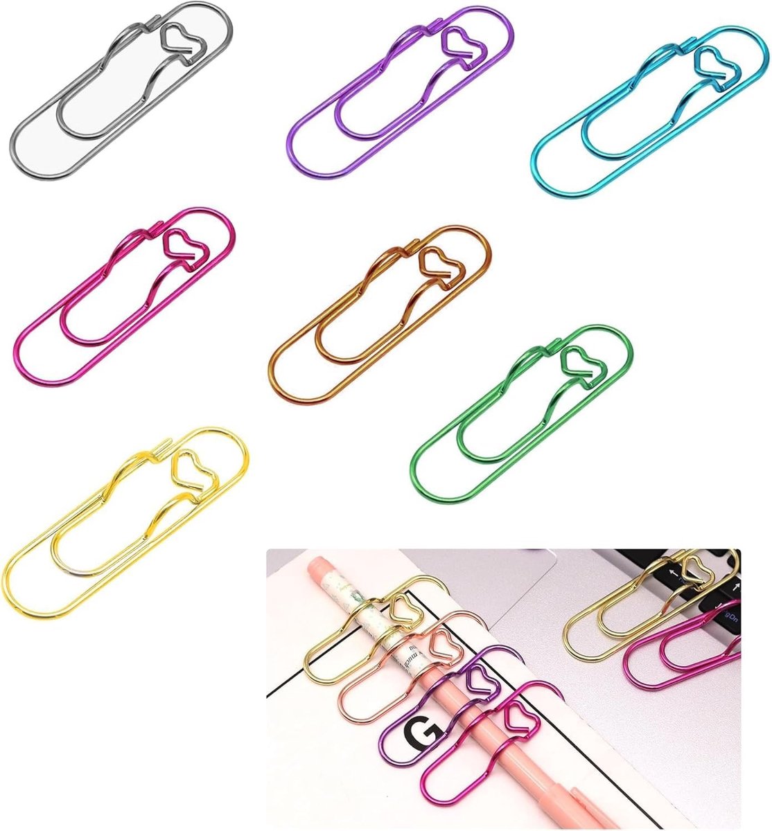 Dailygoods - Paperclip, 7-delige metalen notitieboekclip, multifunctionele schrijfbenodigdheden, 7,1 x 1,9 x 1 cm, 7 kleuren (roze, roségoud, groen, paars, blauw, zilver, goud)