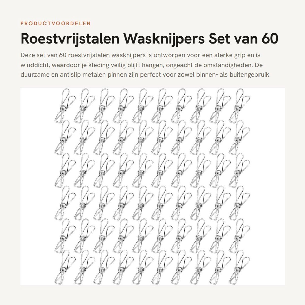 Dailygoods- Wasknijpers 60 Stuks - Roestvrij Staal - Duurzaam - Antislip - Winddicht - Voor Binnen/Buiten - Compact en Draagbaar - Waslijnclips