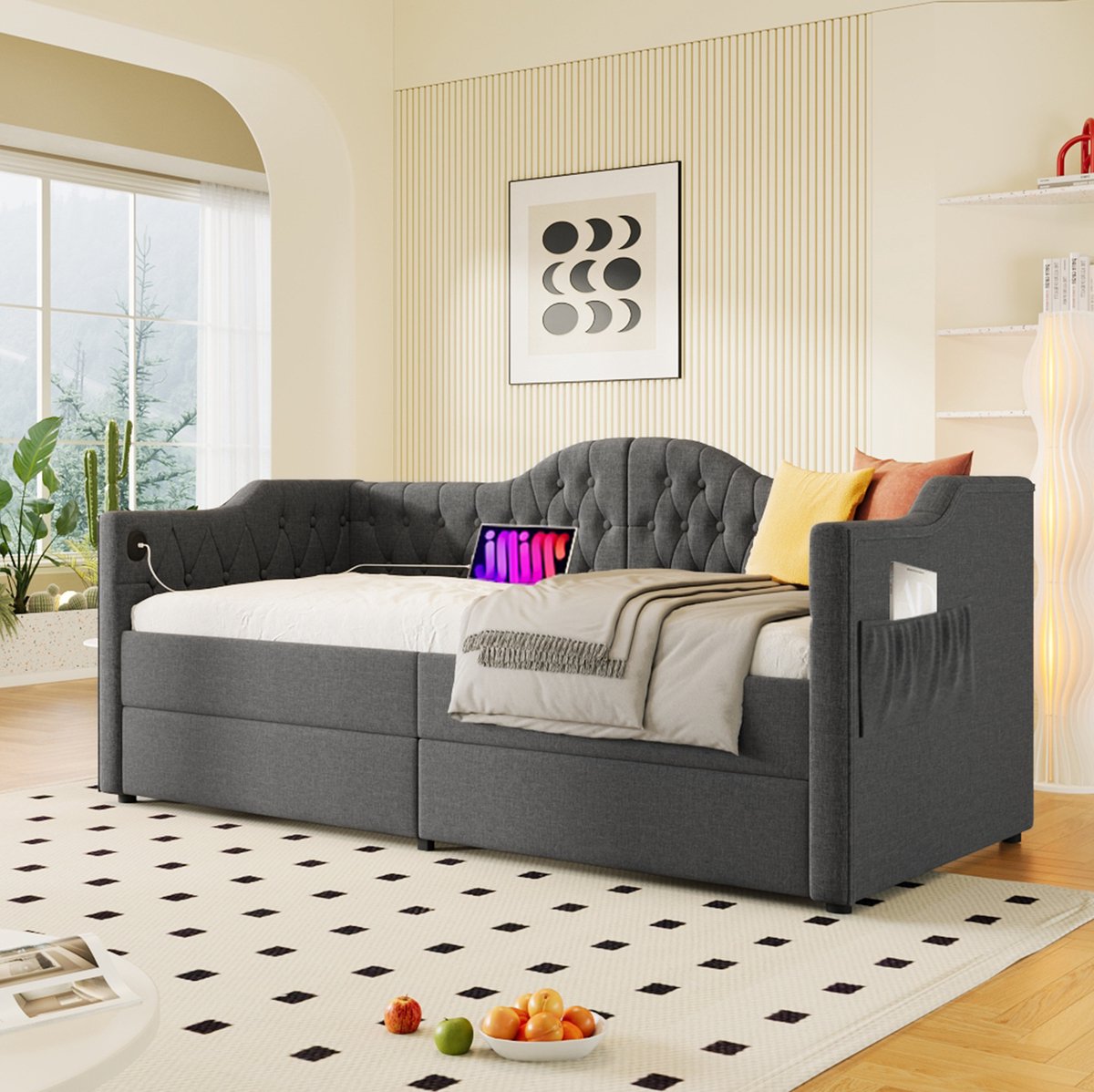 MEUNIQ slaapbank 90 x 190 cm met 2 lades, USB en Type-C, gestoffeerd bedbank bedframe voor slaapkamer of logeerkamer, grijs, zonder matras