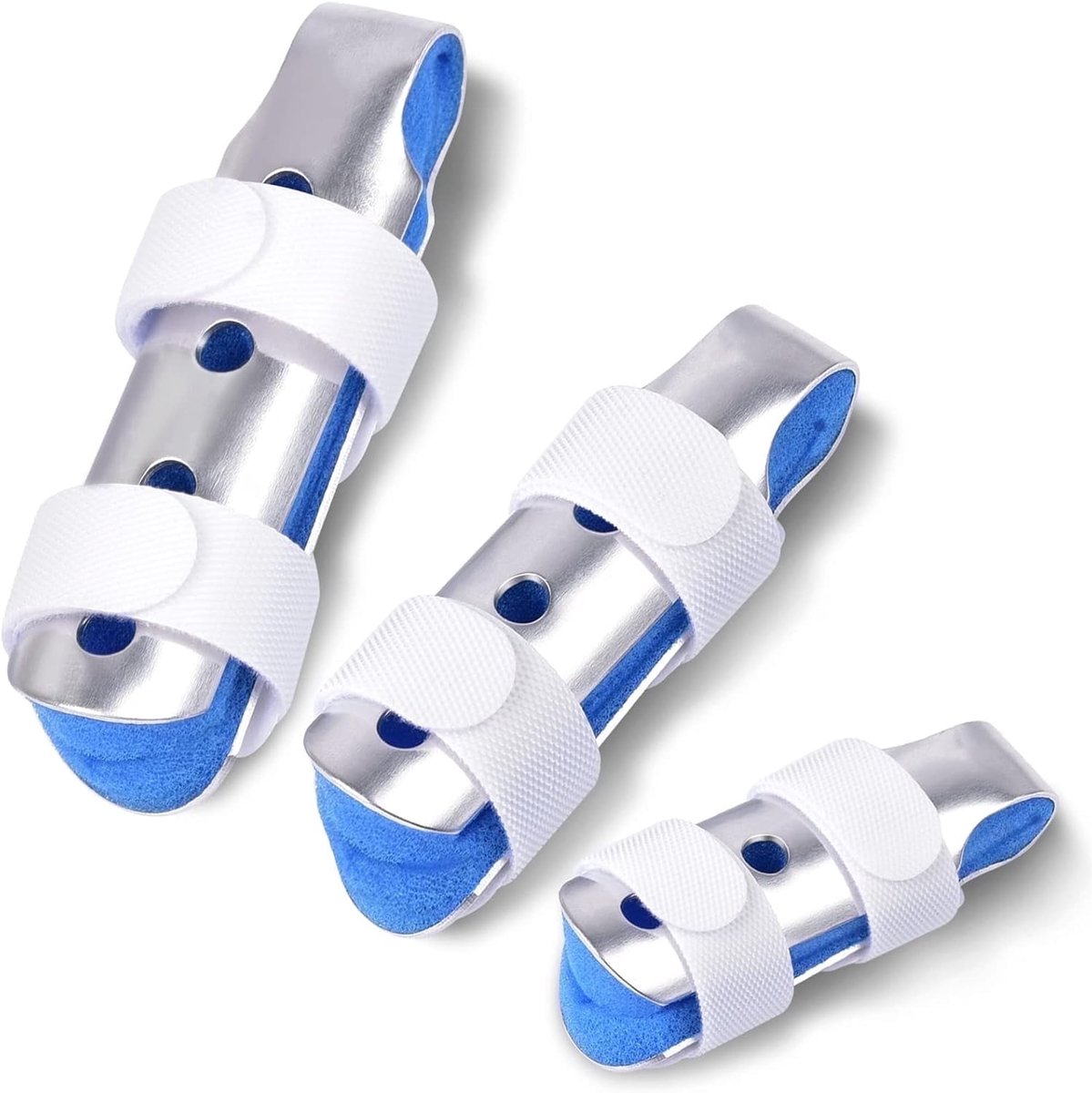 Vingerspalk, drie maten vingersteunbeugels en vingerstabilisatoren, gebruikt voor het corrigeren van gebroken vingers en artritis in de vingergewrichten, blauw.