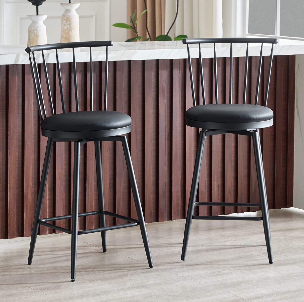 Barkruk Set Van 2 - Windsor Rugleuning En Gewatteerde Zitting - Voor Keuken Eiland Bar En Restaurant - Metaal En Kunstleer - Zwart