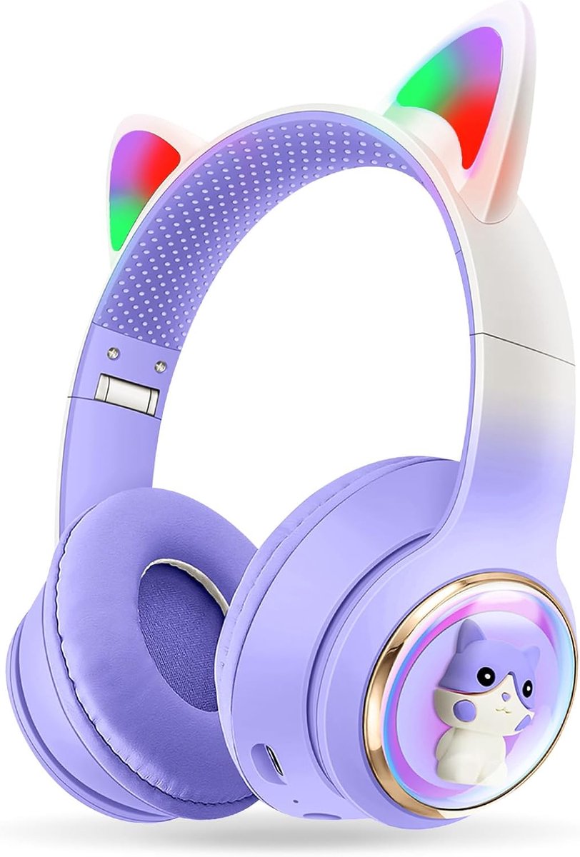 SnelShoppen - Bluetooth Kids Headphones Cat Ear LED Licht Draadloos Vouwbaar Over Ear Hoofdtelefoon voor Kinderen, Geschikt voor PC, Telefoon, iPad, S