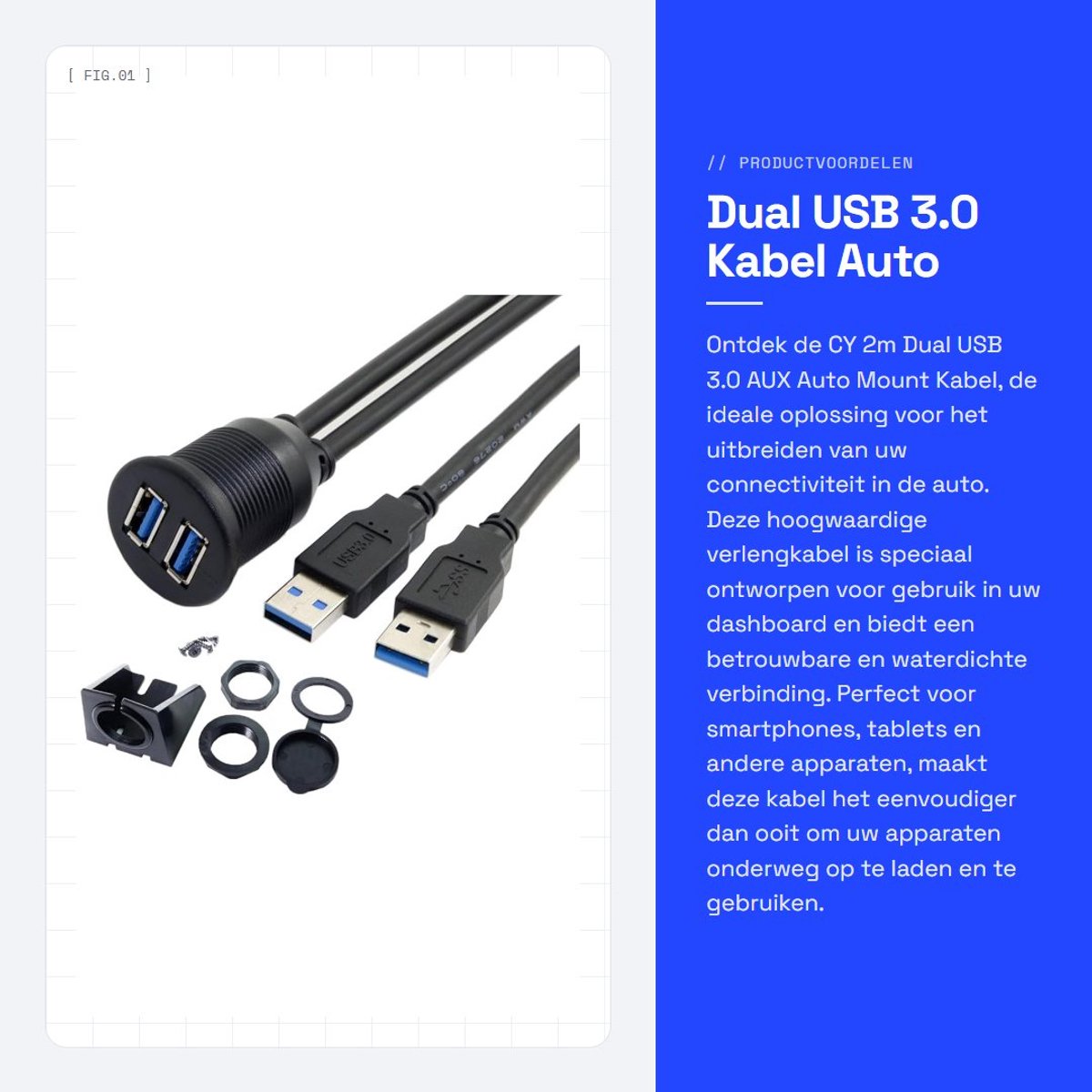 Dailygoods - Dual USB 3.0 Kabel - Auto Mount Extensie - 2m - Waterproof - Geschikt voor dashboard - Hoogwaardige prestaties - Zwart