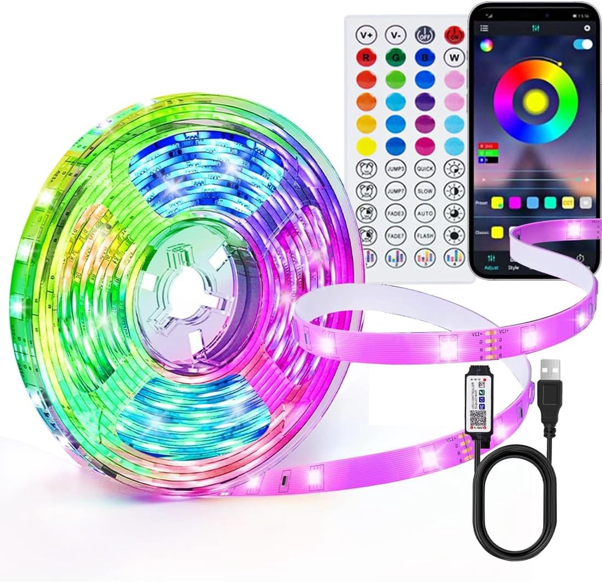 Thijox - LED strip 10M met afstandsbediening en app, muzieksynchronisatie, zelfklevende kleurwisselende lichtslinger voor gaming, feesten, kamerdecora