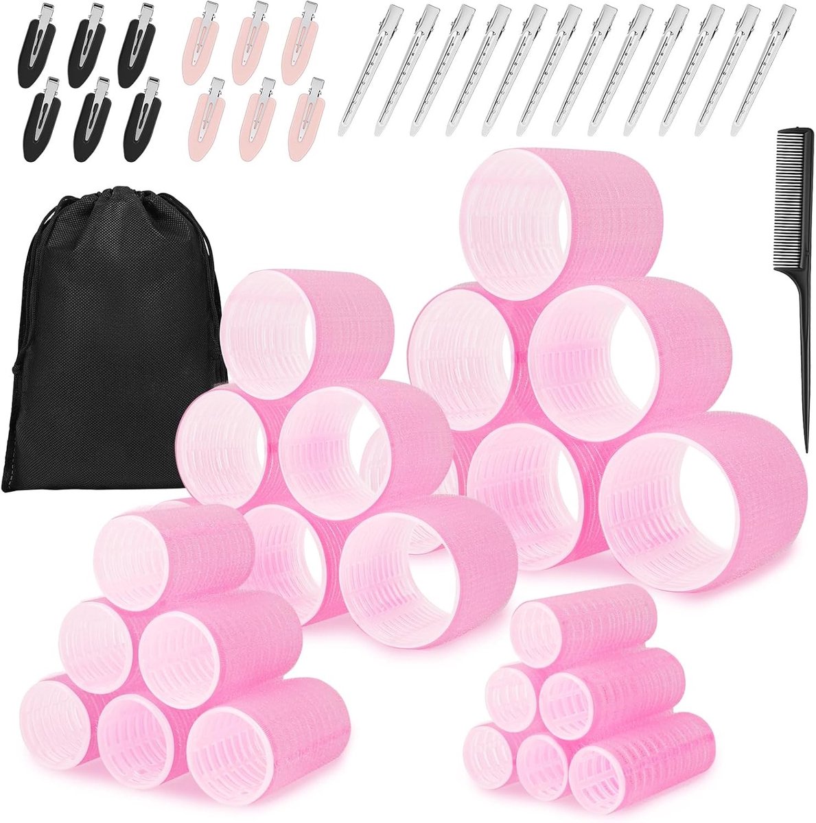 50 Stuks Haarrollers met Clips, 24 Zelfklevende Haarrollers, 4 Maten, Inclusief Duckbill Clips, Opbergtas en Kam voor Gezonde Krullen Zonder Hitte