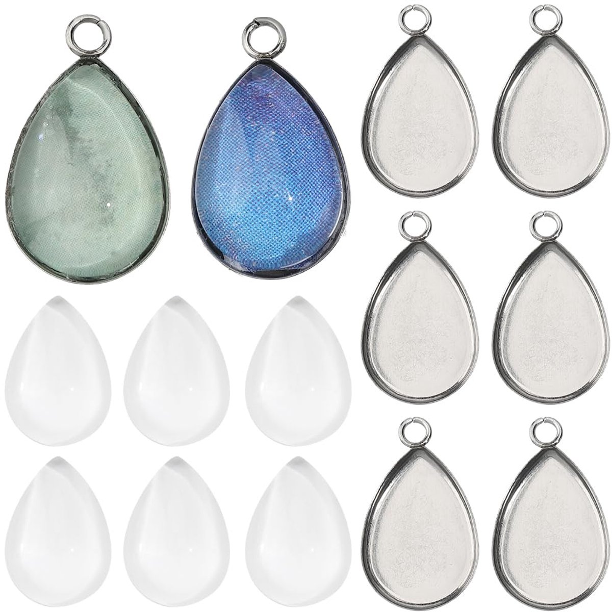 1 Doos 120 Stuks 60 Sets Tranenvormige Bezel Hanger Trays Tranenvormige Hanger Lege Koepel Frame Cameo Metaal Roestvrij Staal Cabochon Tray voor Sieraden Maken DIY Klasgenoten Boeket