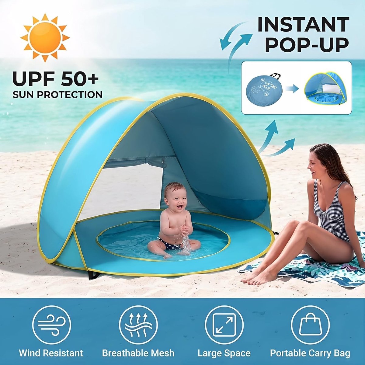Pop-up strandtent voor baby's met UV 50+ bescherming - Vouwbare zandmuschel voor strand, tuin en kamperen - Ideaal voor zonbescherming en speelplezier