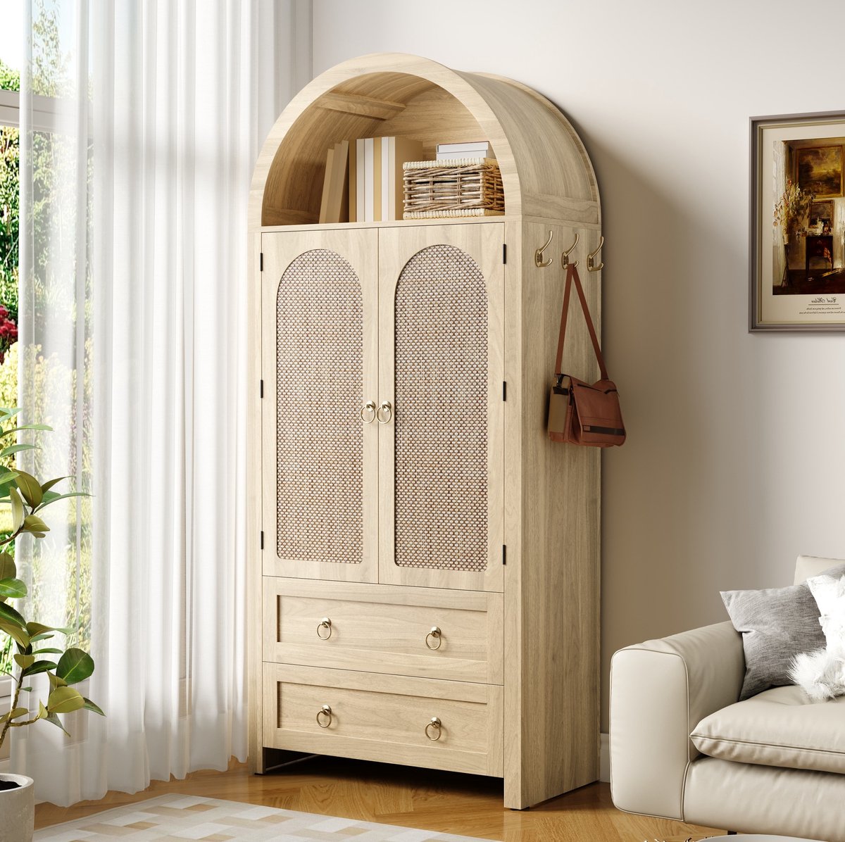 FloraGrace Dressoir - Retro Opbergkast Met Rotan Deuren En Dubbele Laden - Voor Woonkamer En Slaapkamer - MDF Eikenlook - 80x40x180 Cm