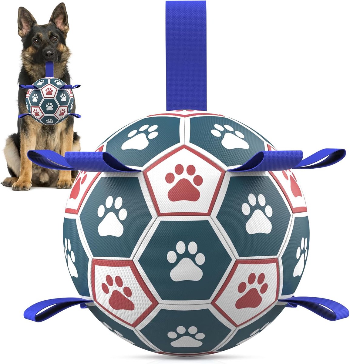 Hondenbal, hondenspeelgoed, bal met handvat voor hond, interactief slepen van oorlog, water, hondenballen, speelgoed, verjaardagscadeau voor middelgrote en grote honden, blauw/wit (20 cm)