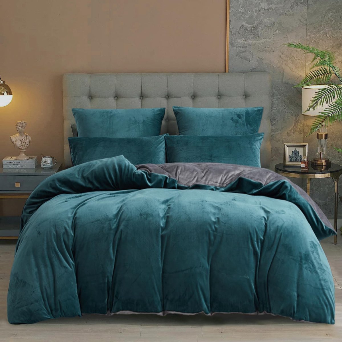 Winterbeddengoed, 220 x 240 cm, petrol-grijs, pluche, warme dekbedovertrekset, 3-delig, wollig, dekbedovertrek met ritssluiting en 2 x kussensloop van 80 x 80 cm