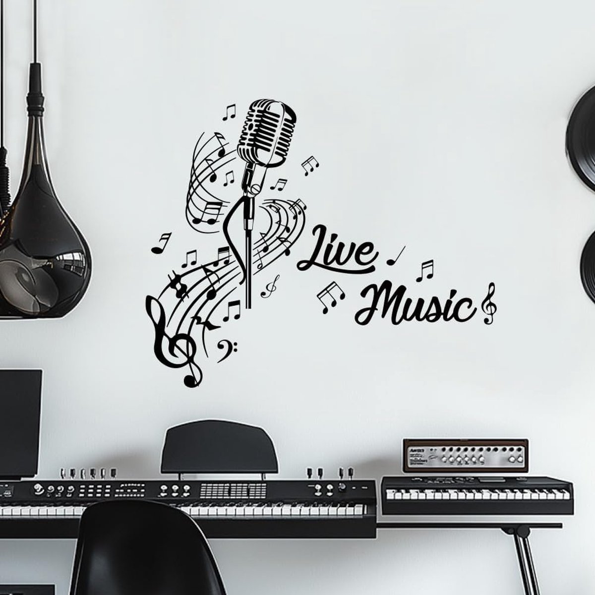 Muursticker Met Live Muziek Microfoon Muursticker Muzieknoten Muursticker Verwijder En Plak DIY Zwarte Vinyl Muurstickers Voor Muziekliefhebbers Slaapkamer Muziekkamer Muurdecoratie