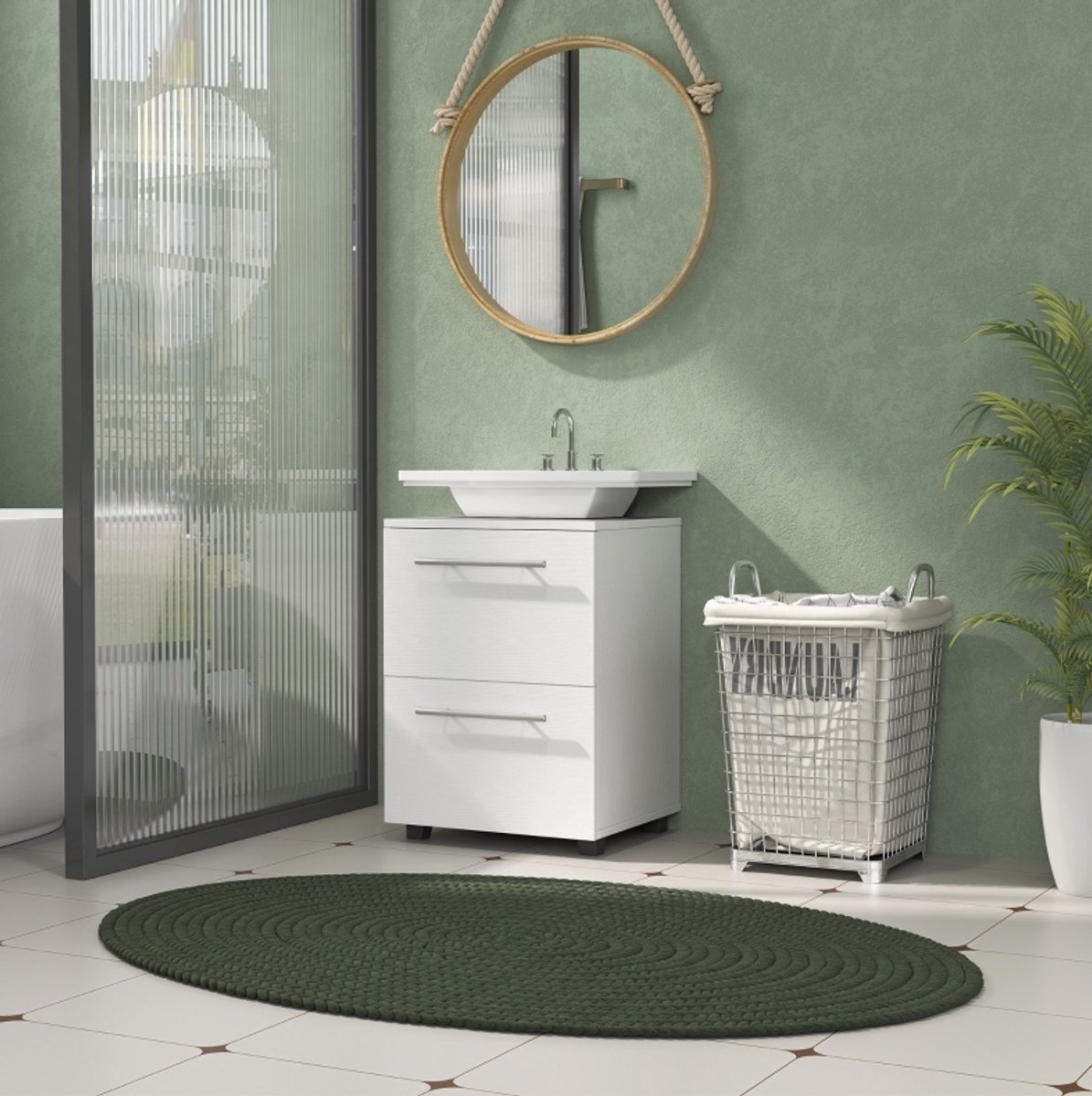 MEUNIQ badkamerkast wastafelonderkast 41,5 x 35,5 x 59 cm met U-vormige uitsparing, lade en kastdeur, compacte opbergkast voor badkamer, wit