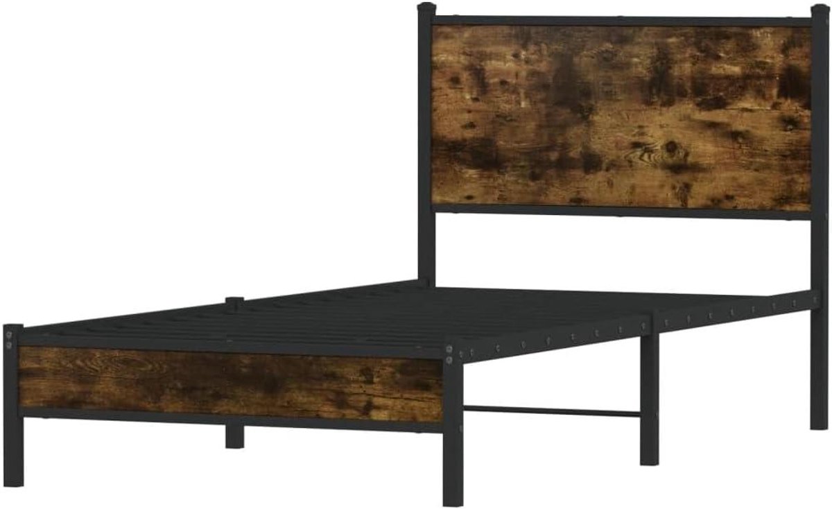 Bedframe met hoofdbord - Ledikant metaal - Slaapkamer inrichting - Robuust stalen frame - 80x200 cm - Gerookt eiken