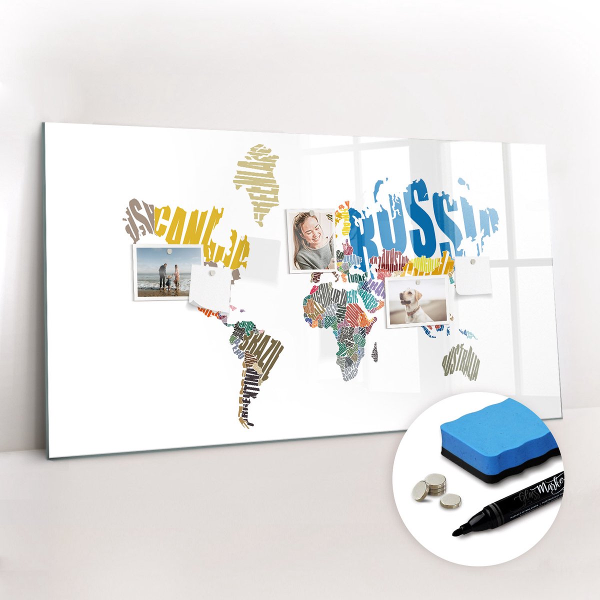 Tulup Whitebord - Typografische wereldkaart - 120 x 60 cm - Veelkleurig Magneetbord Foto - Gratis 5 Sterke Magneten + Whiteboard Marker & Wisser - Scandinavisch Design Bord - Memobord Magnetisch - Notitiebord Werkplek