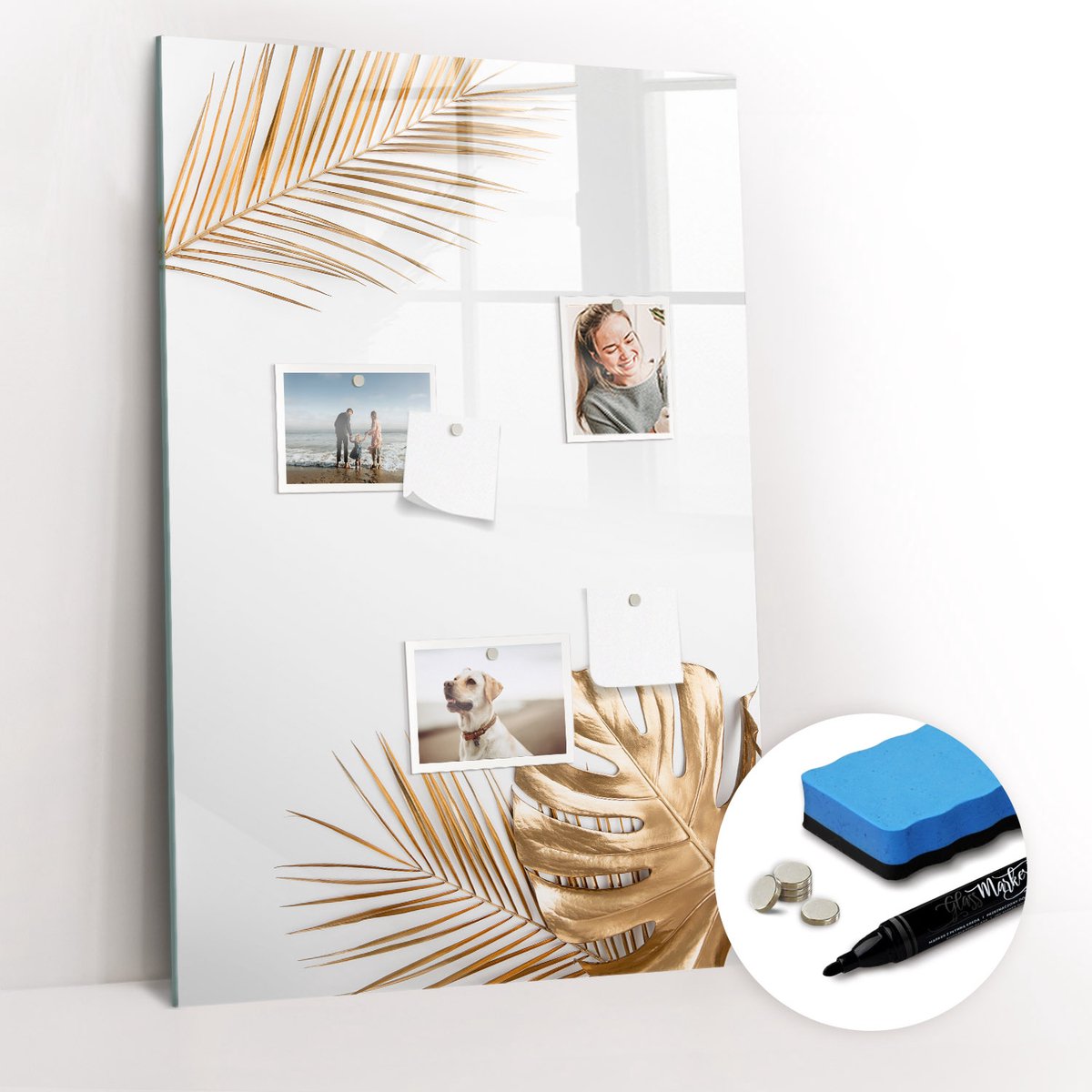 Tulup Whitebord - Gouden bladeren - 60 x 90 cm - Wit Magnetic Board - Gratis 5 Sterke Magneten + Whiteboard Marker & Wisser - Scandinavisch Design Bord - Magneetbord Design - Organiseer Je Bureau