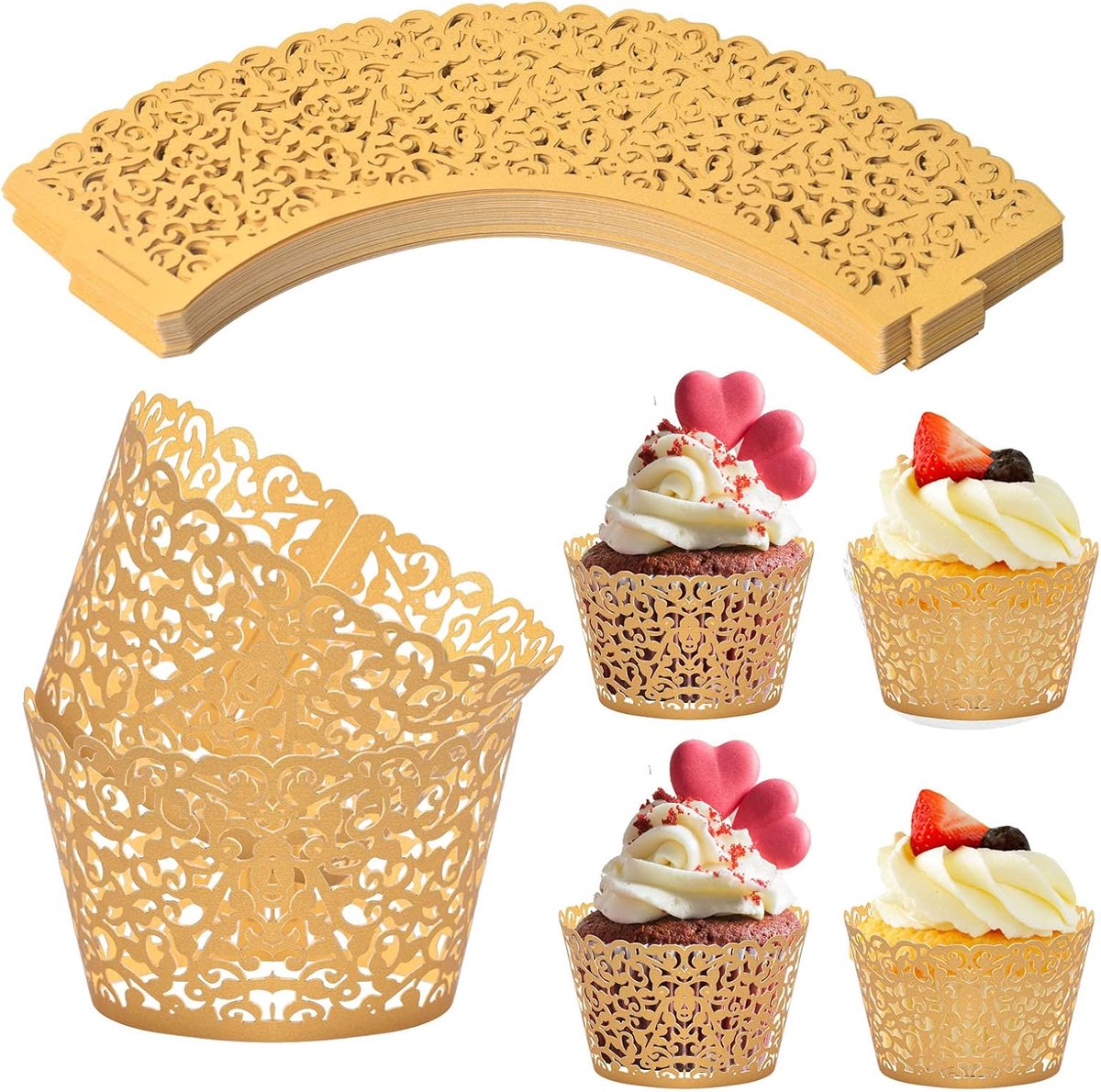 50 stuks parelachtige papieren cupcake wrappers, Vine Lace cupcakes liners, bakpapieren cake cups wraps, cupcake muffin papieren houders voor bruiloft, verjaardagsfeest decoratie (Goud)