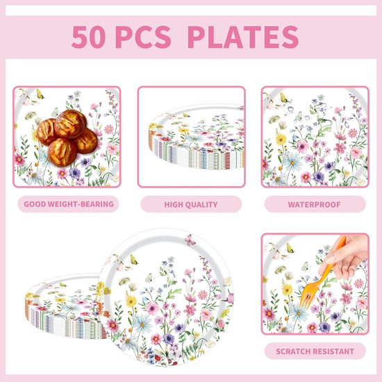 50 stuks papieren borden, wilde bloem, kinderverjaardag, feestborden, wegwerpborden, wegwerpborden, servies voor afstuderen, meisjes, feestdecoratie, bruiloften, tuin, verjaardag, decoraties — afbeelding 2