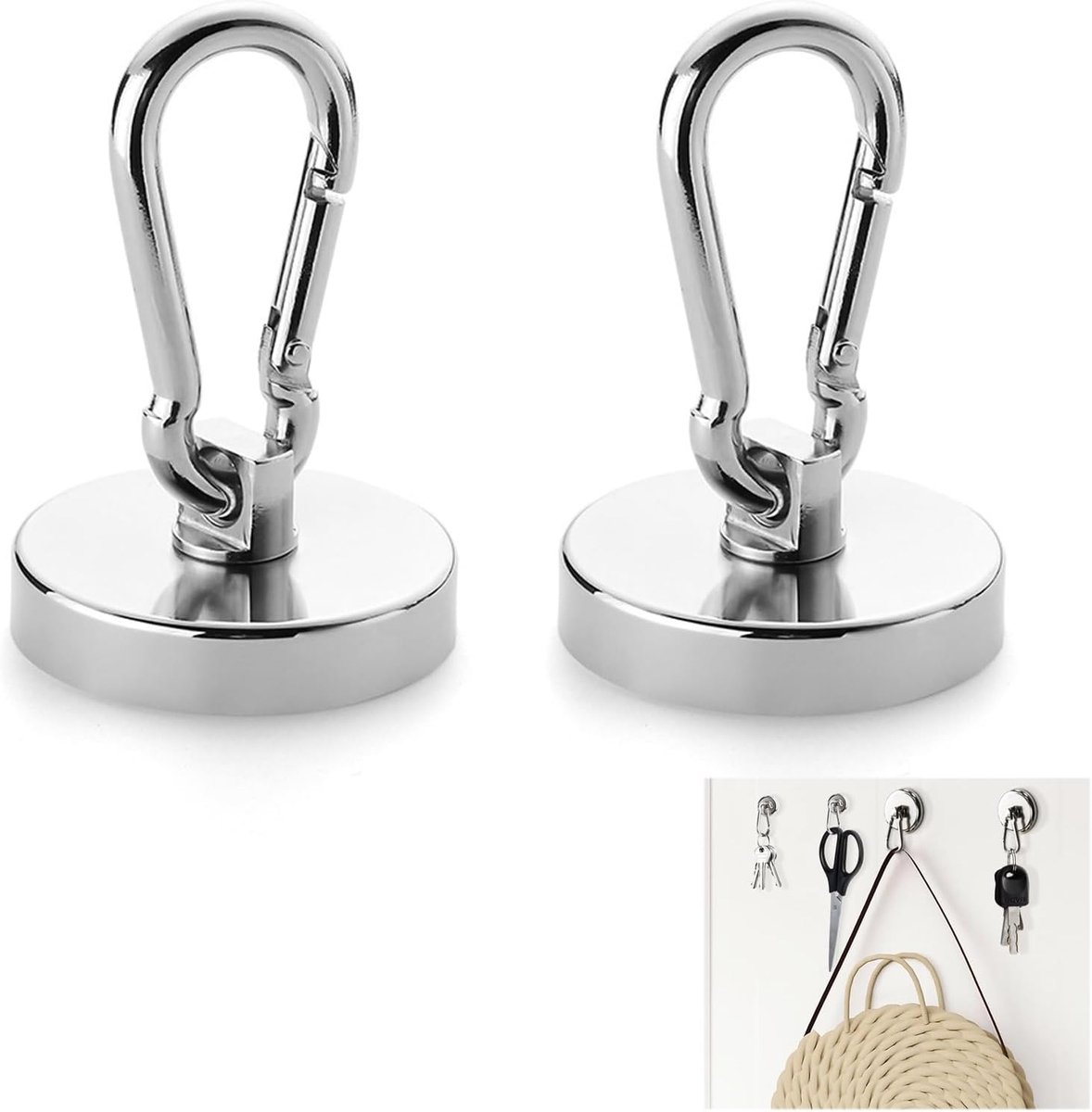 2 stuks magneethaken, extra sterk, 42 mm neodymium magneten, haken, belastbaar tot 69 kg, 360 graden draaibaar, voor koelkasten en keukens