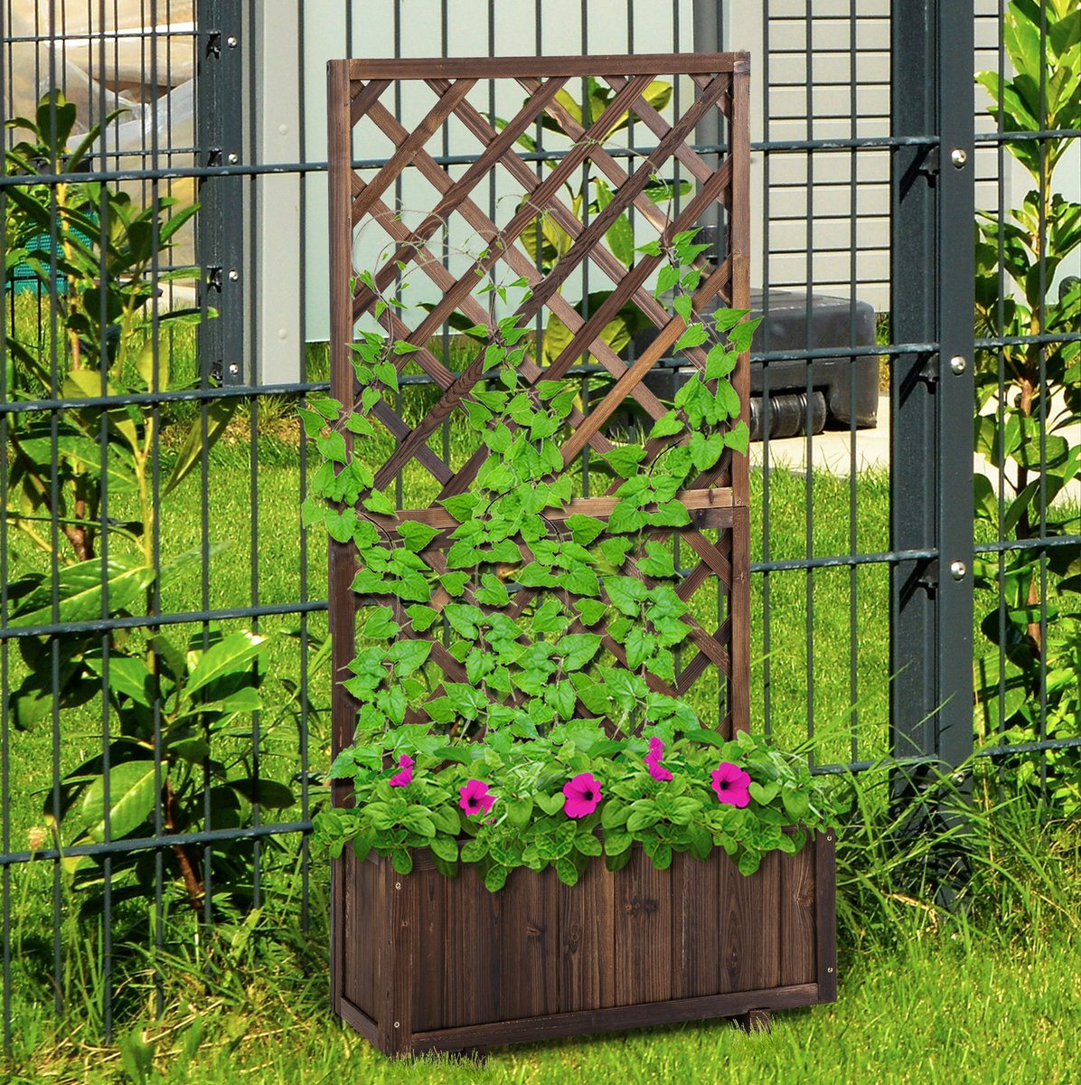 MEUNIQ staande plantenbak met klimrek 72,5 x 31,5 x 149,5 cm van hout voor klimplanten en kruiden, rechthoekige bloembak voor tuin, terras of balkon, bruin