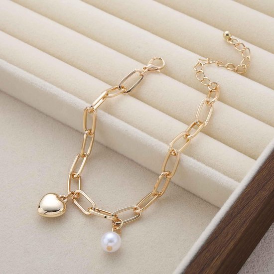 Parel Hart Goud Chunky Paperclip Ketting Poffant Armband Hanger Hart Liefde Armbanden Ronde Kralen Dangle Handketting Enkelband Sieraden Voor Vrouwen — afbeelding 3