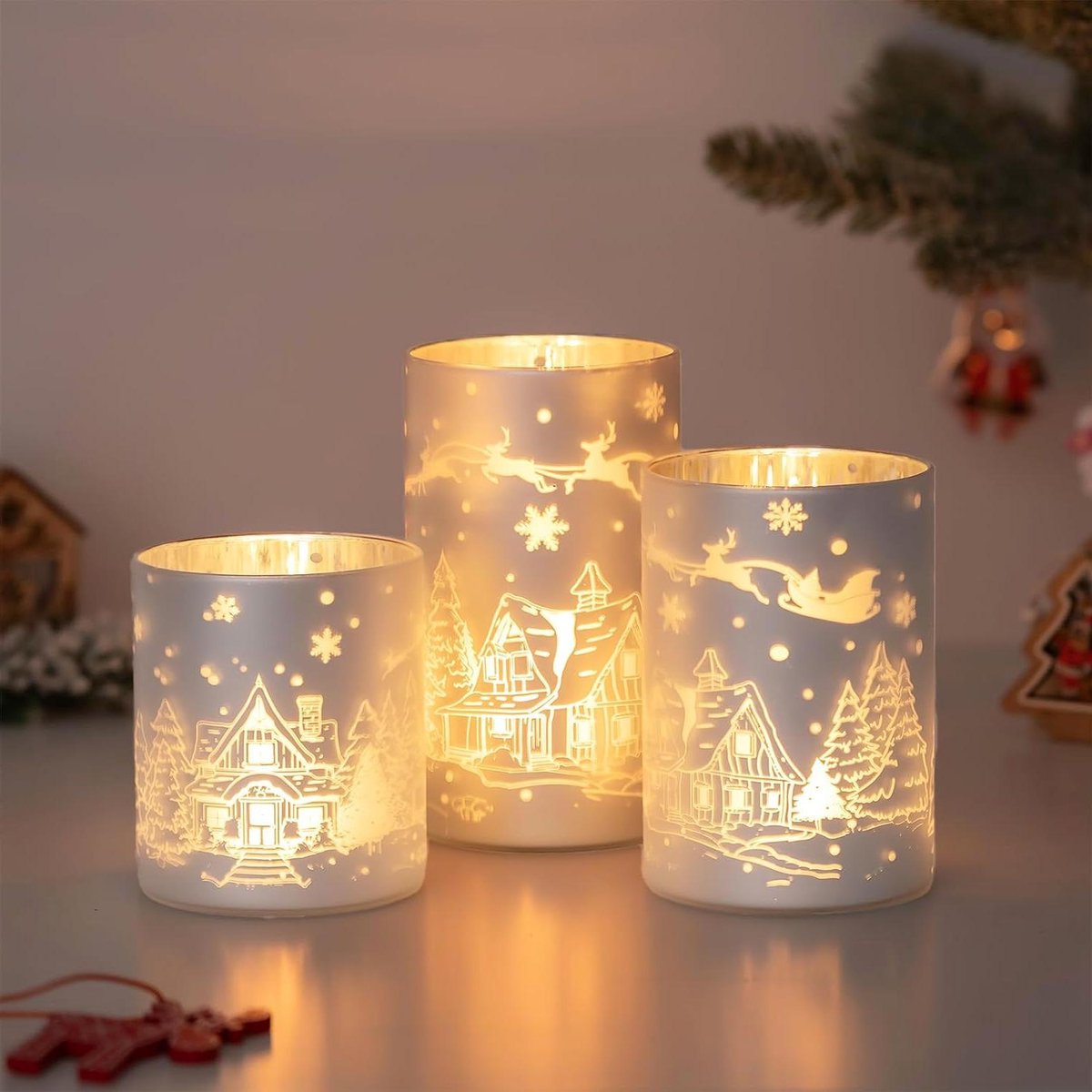 Kaarsenhouders Set - Orkaan Kandelaars - Kerstsfeer Creëren - Mat Wit Design - 3 Delig - Wit