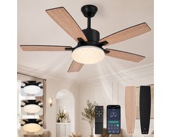Rosnek Ø132 cm Plafondventilator met Verlichting - Houtlook & Zwarte Omkeerbare Bladen - Stille DC-Motor met Zomer en Winterstand - Dimbare LED Plafondlamp Kristallen - Afstandsbediening - 6 Snelheden