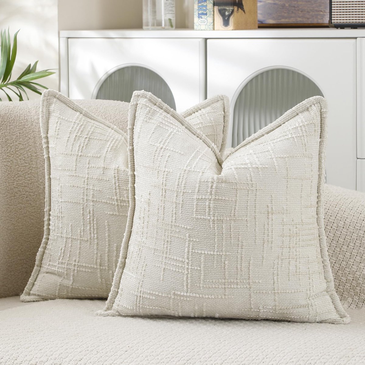 45 x 45, chenille-crèmewit, vierkante kussenhoes decoratieve kussenhoezen, moderne kussenslopen, boho, decoratieve kussenslopen voor bank, slaapbank, slaapkamer, woonkamer, set