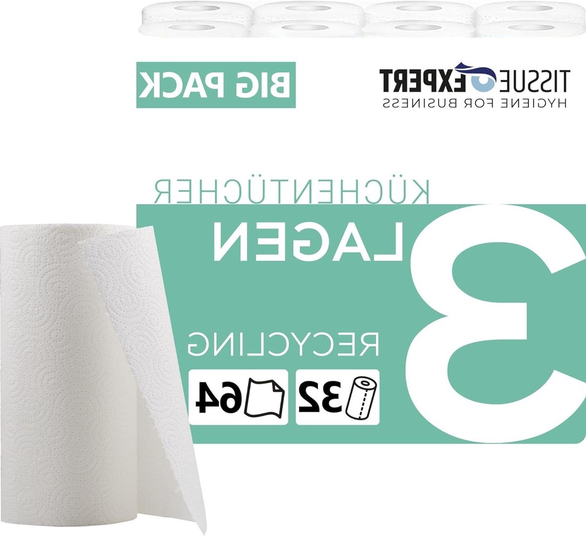Keukenhanddoeken Recycling - Keukenrollen Huishoudelijk - Schoonmaken Afvegen - 100% Gerecycled Papier - 32 Rollen 64 Vellen - Wit